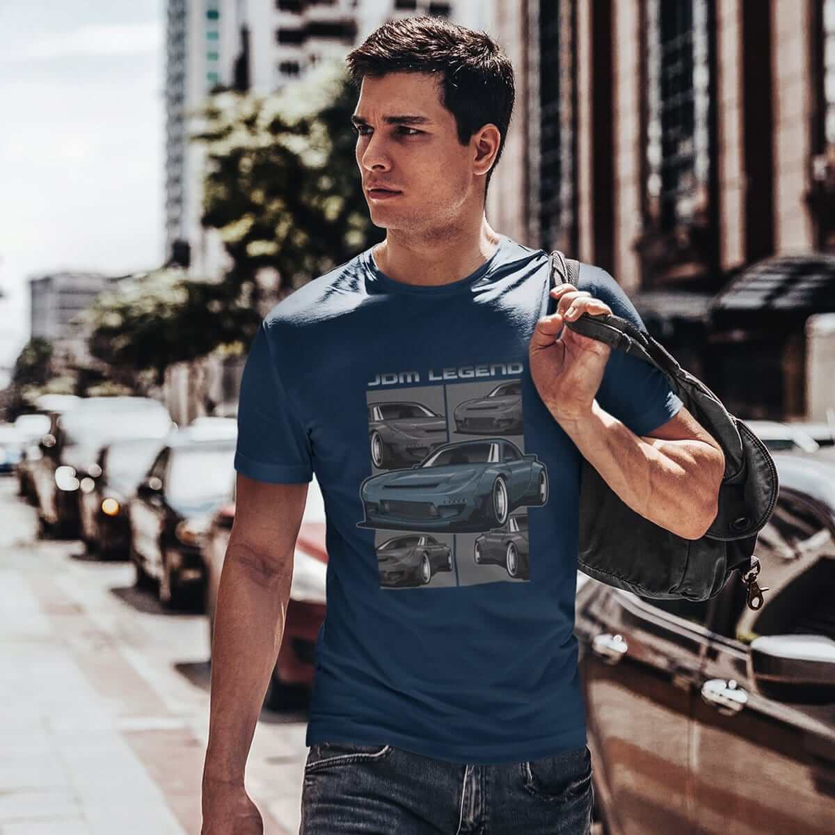 man with Blue Japanese car printed on navy t-shirt, JDM tee, car guy gift, car lover, car fan, car enthusiast, petrolhead, JDM lover, boyfriend gift idea