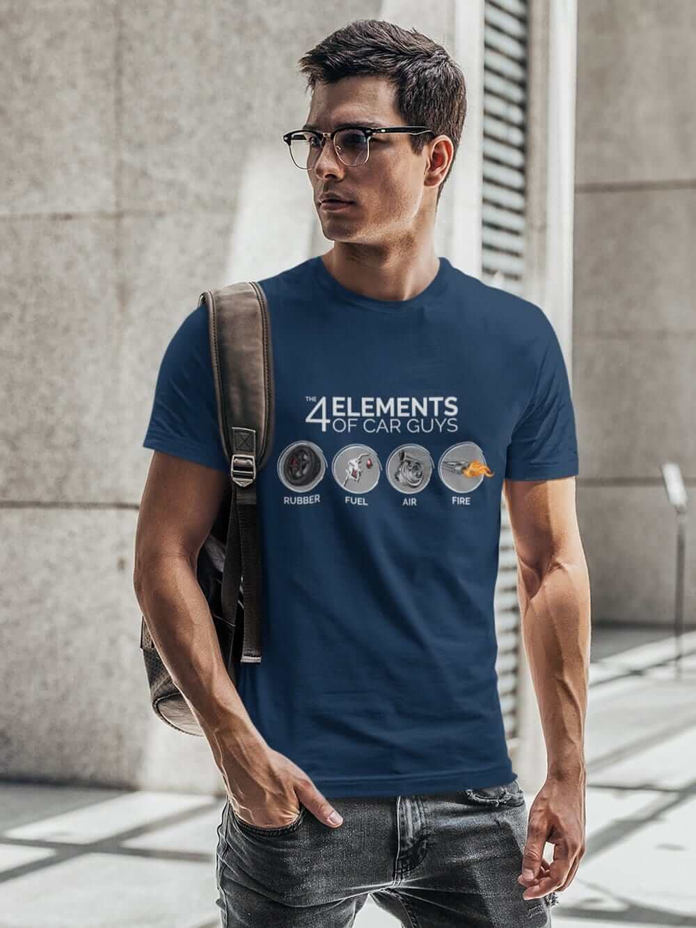 man with funny "the 4 elements of car guys" navy t-shirt, JDM shirt, car guy gift, car lover, car fan, car enthusiast, petrolhead, JDM lover, boyfriend gift idea tee