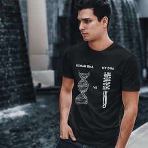 a petrolhead with "Human DNA vs Car Guys DNA" t-shirt made for car guys, a cool t-shirt made for car lovers, funny racecar t-shirt, made in the USA, excellent quality print, free shipping, sale 40% off, car enthusiasts love it, black color