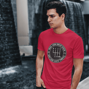 petrolhead who's wearing a "Real men drive stick" car t-shirt made for car guys, JDM drifting t-shirt, save the manuals t-shirt, 3 pedals - clutch brake gas, a cool t-shirt made for drifters and car lovers, made in the USA, excellent quality print, free shipping, sale 40% off,  car enthusiasts love it, red color