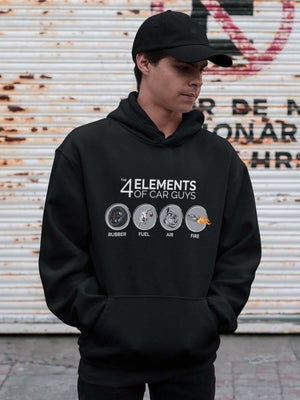 man with Funny "the 4 elements of car guys" black car hoodie, JDM sweatshirt, car guy gift, car lover, car fan, car enthusiast, petrolhead, JDM lover, boyfriend gift idea.