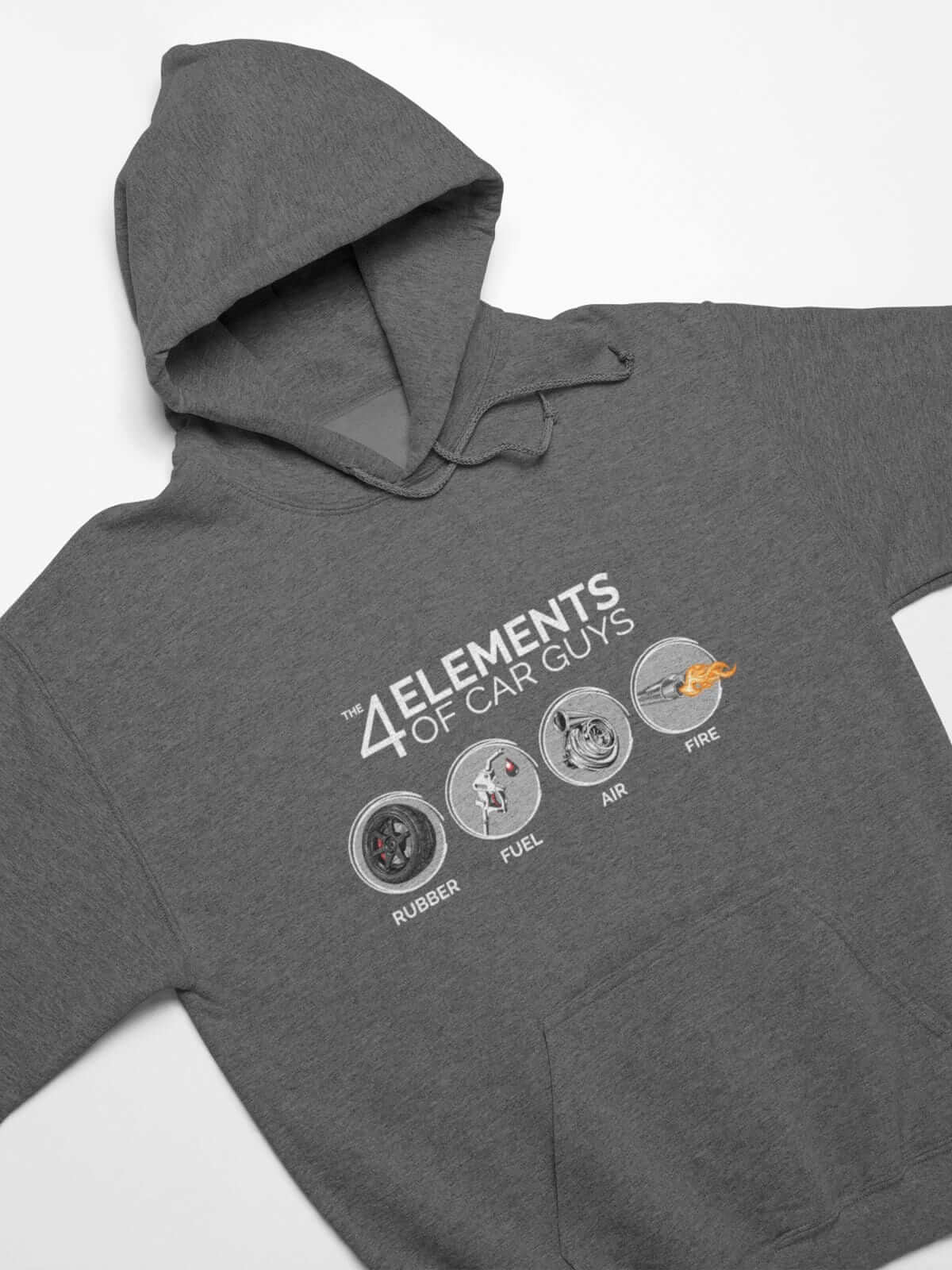 Funny "the 4 elements of car guys" dark grey heather car hoodie, JDM sweatshirt, car guy gift, car lover, car fan, car enthusiast, petrolhead, JDM lover, boyfriend gift idea.