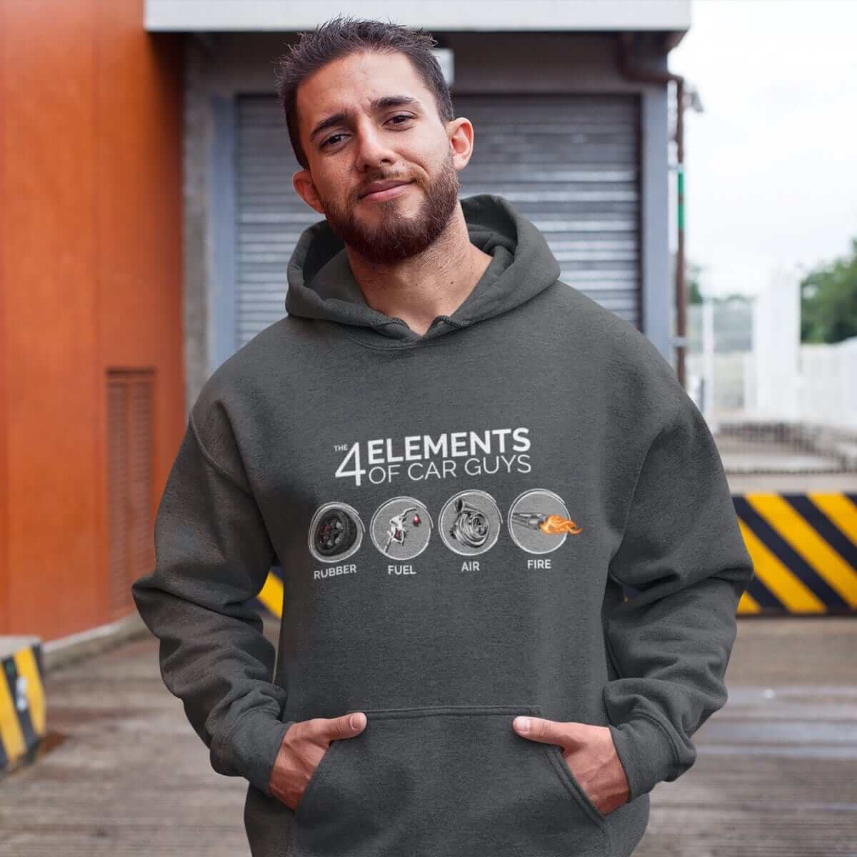 man with Funny "the 4 elements of car guys" dark grey heather car hoodie, JDM sweatshirt, car guy gift, car lover, car fan, car enthusiast, petrolhead, JDM lover, boyfriend gift idea.