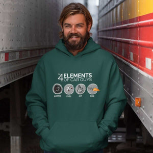 man with Funny "the 4 elements of car guys" navy car hoodie, JDM sweatshirt, car guy gift, car lover, car fan, car enthusiast, petrolhead, JDM lover, boyfriend gift idea.