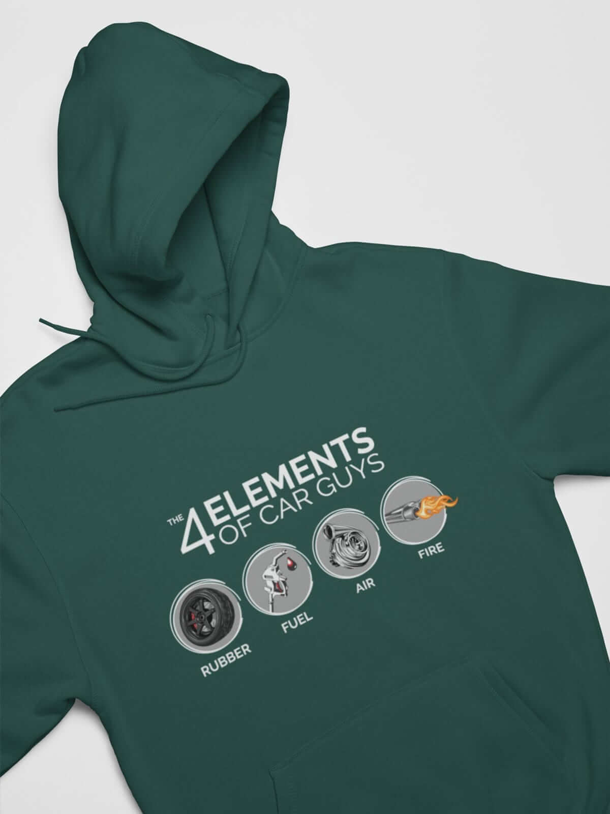Funny "the 4 elements of car guys" forest green car hoodie, JDM sweatshirt, car guy gift, car lover, car fan, car enthusiast, petrolhead, JDM lover, boyfriend gift idea.