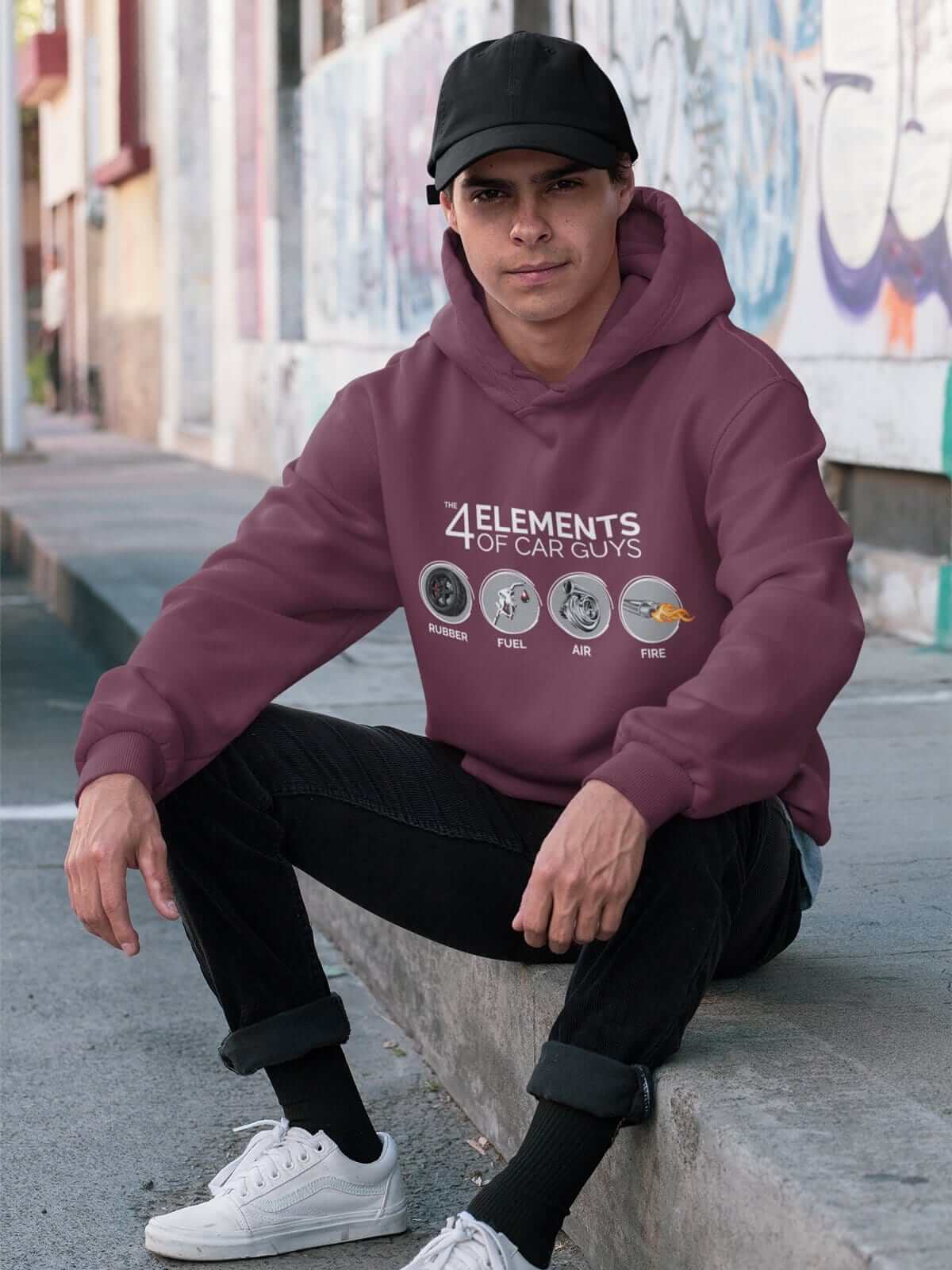man with Funny "the 4 elements of car guys" maroon  car hoodie, JDM sweatshirt, car guy gift, car lover, car fan, car enthusiast, petrolhead, JDM lover, boyfriend gift idea.
