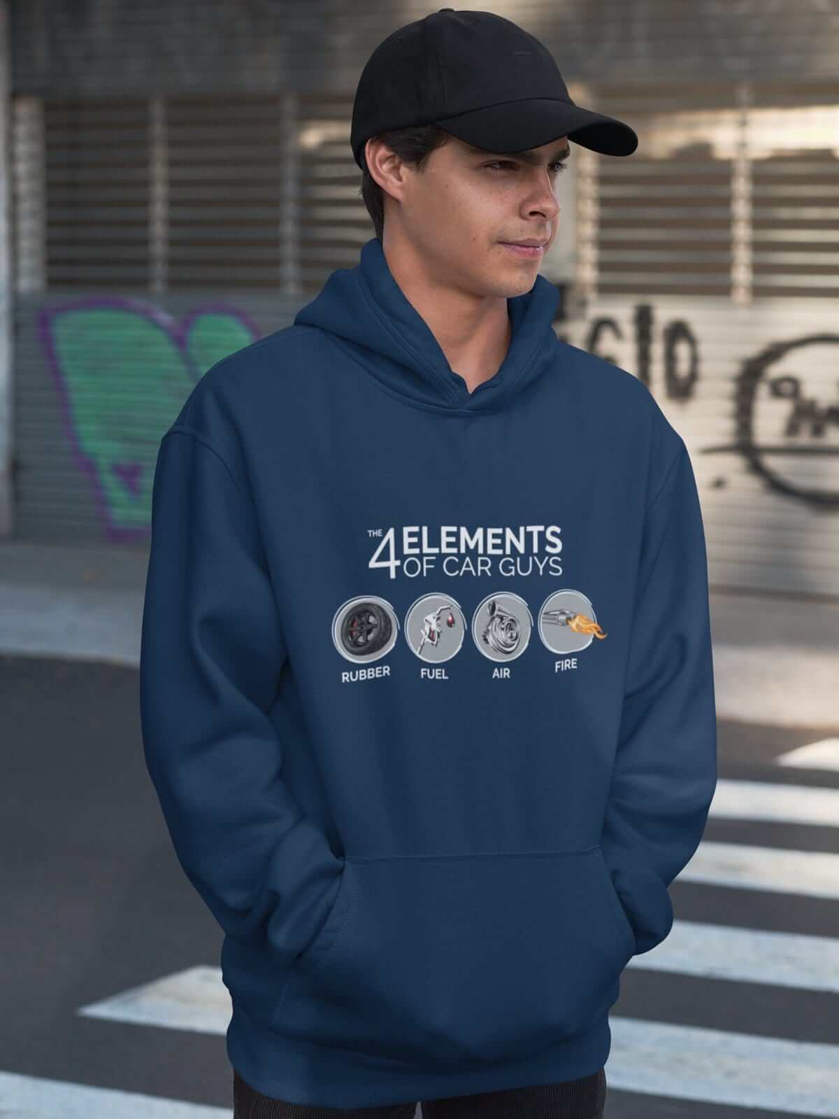 man with Funny "the 4 elements of car guys" navy car hoodie, JDM sweatshirt, car guy gift, car lover, car fan, car enthusiast, petrolhead, JDM lover, boyfriend gift idea.