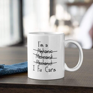 white car mug with funny text, car guy gift, 11oz ceramic coffee mug lifestyle