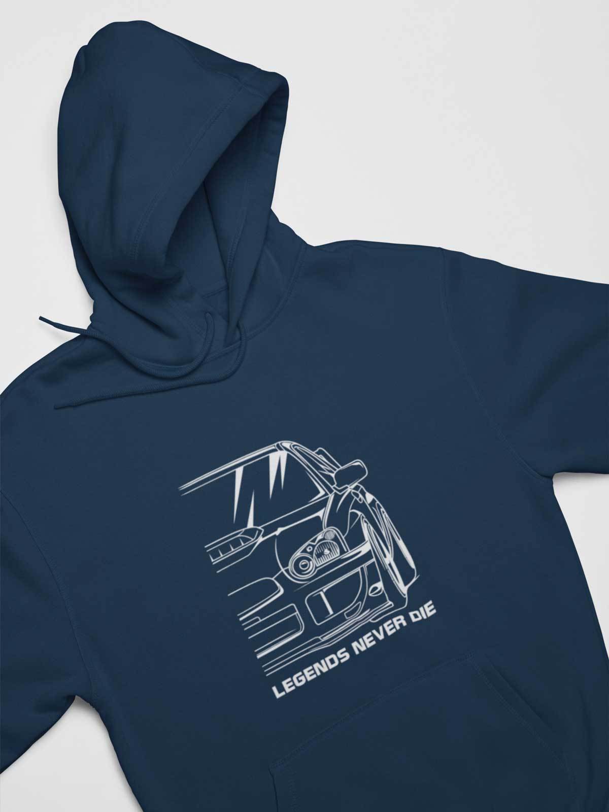 Japanese sports car printed on navy car hoodie designed for car lovers, car guys, car enthusiasts, JDM lovers, and petrolheads