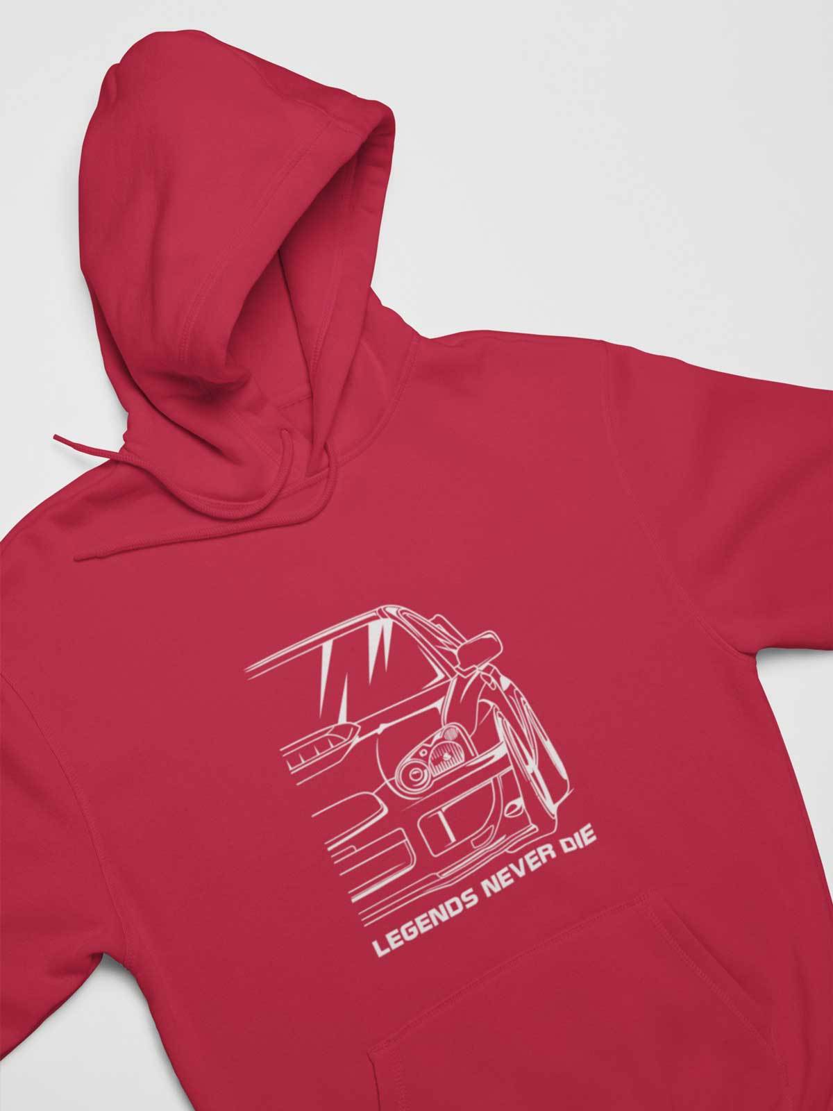 Japanese sports car printed on red car hoodie designed for car lovers, car guys, car enthusiasts, JDM lovers, and petrolheads